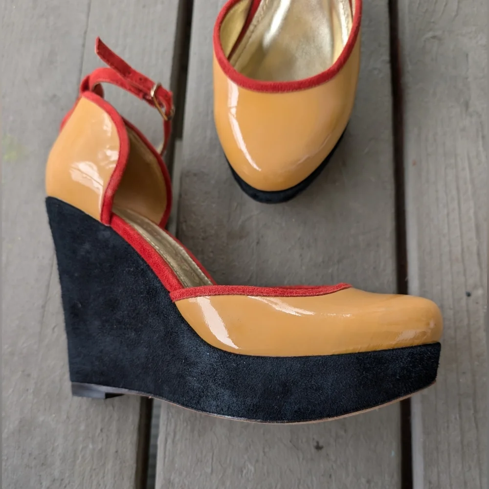 Elaine Turner Colorful Ankle Strap Platform‎ Heels 6 Patent Leather Retro Pinup
